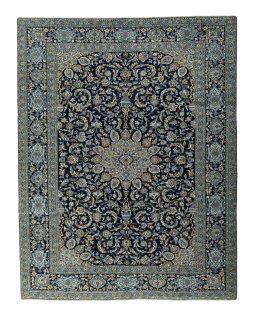 Full view of 2000s Kashan rug from Iran / Persia, 382 × 297 cm in Blue tones