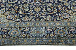 Full view of 2000s Kashan rug from Iran / Persia, 382 × 297 cm in Blue tones