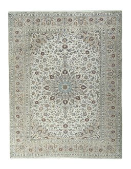 Full view of 2000s Kashan rug from Iran / Persia, 386 × 301 cm in Beige tones
