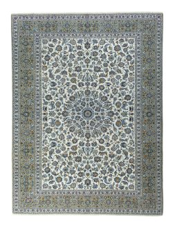Full view of 2000s Kashan rug from Iran / Persia, 404 × 306 cm in Beige tones