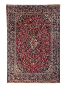 Full view of 1950s Kashan rug from Iran / Persia, 480 × 330 cm in Red tones