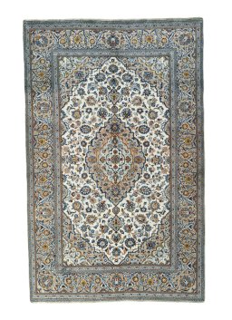 Full view of 2000s Kashan rug from Iran / Persia, 315 × 201 cm in Beige tones