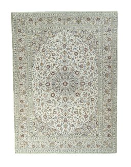 Full view of 2000s Kashan rug from Iran / Persia, 401 × 297 cm in Beige tones