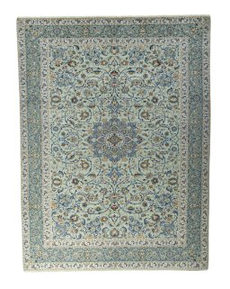 Full view of 2000s Kashan rug from Iran / Persia, 407 × 310 cm in Blue tones