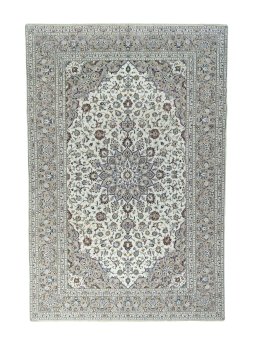 Full view of 2000s Kashan rug from Iran / Persia, 365 × 245 cm in Beige tones