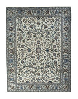 Full view of 2000s Kashan rug from Iran / Persia, 394 × 303 cm in Beige tones