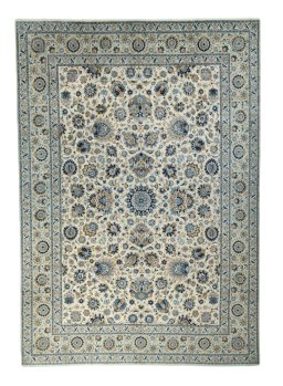 Full view of 1970s Kashan rug from Iran / Persia, 503 × 353 cm in Beige tones