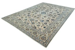 Corner detail of 1970s Kashan rug showing border pattern and Cork pile