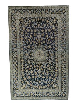 Full view of 2000s Kashan rug from Iran / Persia, 410 × 263 cm in Blue tones