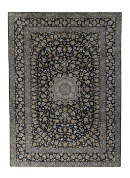 Full view of 2000s Kashan rug from Iran / Persia, 433 × 318 cm in Blue tones