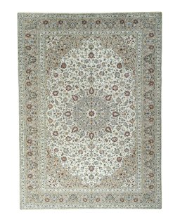 Full view of 2000s Kashan rug from Iran / Persia, 404 × 295 cm in Beige tones