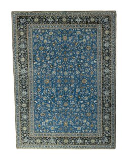 Full view of 2000s Kashan rug from Iran / Persia, 387 × 288 cm in Blue tones
