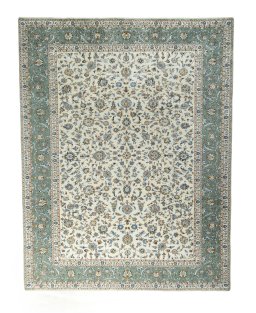 Full view of 2000s Kashan rug from Iran / Persia, 396 × 307 cm in Beige tones