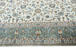 Full view of 2000s Kashan rug from Iran / Persia, 396 × 307 cm in Beige tones