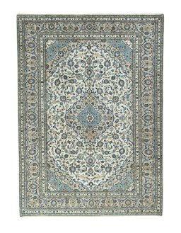 Full view of 2000s Kashan rug from Iran / Persia, 405 × 294 cm in Beige tones