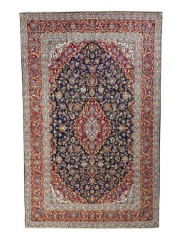 Full view of 2000s Kashan rug from Iran / Persia, 391 × 250 cm in Blue tones