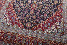 Full view of 2000s Kashan rug from Iran / Persia, 391 × 250 cm in Blue tones
