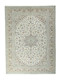 Full view of 2000s Kashan rug from Iran / Persia, 405 × 300 cm in Beige tones