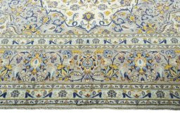 Full view of 2000s Kashan rug from Iran / Persia, 362 × 250 cm in Beige tones