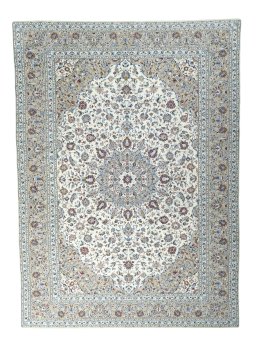 Full view of 2000s Kashan rug from Iran / Persia, 403 × 294 cm in Beige tones