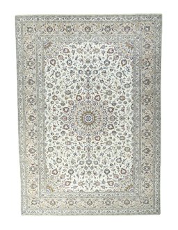 Full view of 2000s Kashan rug from Iran / Persia, 412 × 295 cm in Beige tones