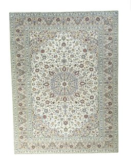 Full view of 2000s Kashan rug from Iran / Persia, 397 × 298 cm in Beige tones