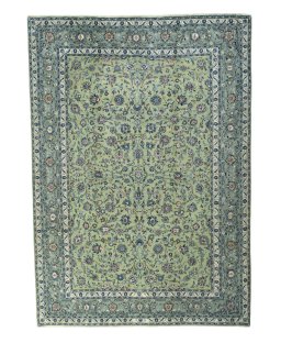 Full view of 2000s Kashan rug from Iran / Persia, 410 × 290 cm in Green tones