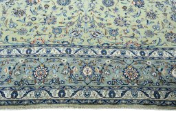 Full view of 2000s Kashan rug from Iran / Persia, 410 × 290 cm in Green tones