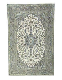 Full view of 2000s Kashan rug from Iran / Persia, 313 × 205 cm in Beige tones