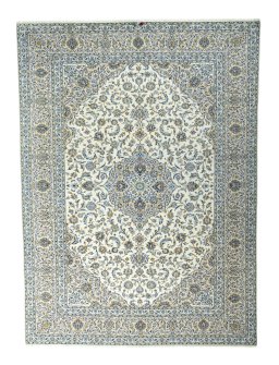 Full view of 2000s Kashan rug from Iran / Persia, 413 × 302 cm in Beige tones