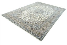 Corner detail of 2000s Kashan rug showing border pattern and Wool pile