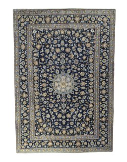 Full view of 2000s Kashan rug from Iran / Persia, 406 × 285 cm in Blue tones