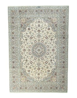 Full view of 2000s Kashan rug from Iran / Persia, 358 × 249 cm in Beige tones