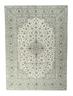 Full view of 2000s Kashan rug from Iran / Persia, 412 × 303 cm in Beige tones