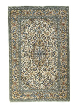 Full view of 2000s Kashan rug from Iran / Persia, 307 × 197 cm in Beige tones