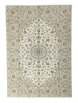Full view of 2000s Kashan rug from Iran / Persia, 351 × 248 cm in Beige tones
