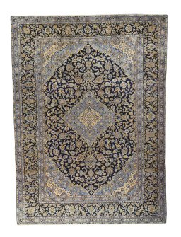 Full view of 2000s Kashan rug from Iran / Persia, 406 × 300 cm in Blue tones