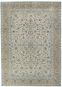 Full view of 2000s Kashan rug from Iran / Persia, 417 × 300 cm in Beige tones
