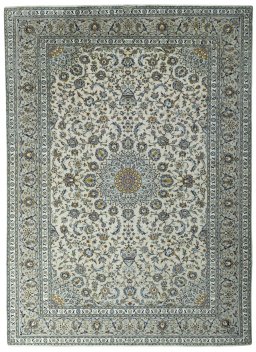 Full view of 2000s Kashan rug from Iran / Persia, 402 × 291 cm in Beige tones