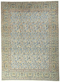 Full view of 2000s Kashan rug from Iran / Persia, 411 × 306 cm in Beige tones