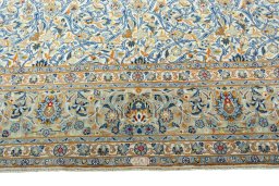 Full view of 2000s Kashan rug from Iran / Persia, 411 × 306 cm in Beige tones