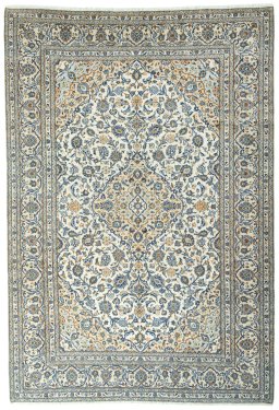 Full view of 2000s Kashan rug from Iran / Persia, 363 × 248 cm in Beige tones