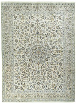 Full view of 1970s Kashan rug from Iran / Persia, 404 × 300 cm in Beige tones