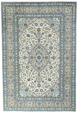 Full view of 2000s Kashan rug from Iran / Persia, 353 × 244 cm in Beige tones