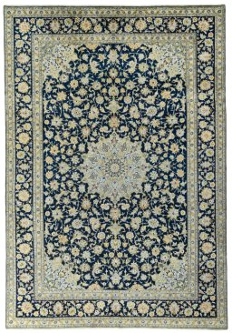 Full view of 2000s Kashan rug from Iran / Persia, 385 × 264 cm in Blue tones
