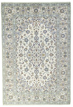 Full view of 2000s Kashan rug from Iran / Persia, 297 × 201 cm in Beige tones