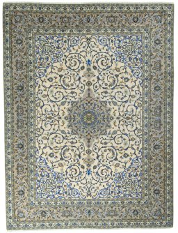 Full view of 2000s Kashan rug from Iran / Persia, 395 × 300 cm in Beige tones