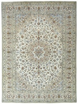 Full view of 2000s Kashan rug from Iran / Persia, 400 × 293 cm in Beige tones