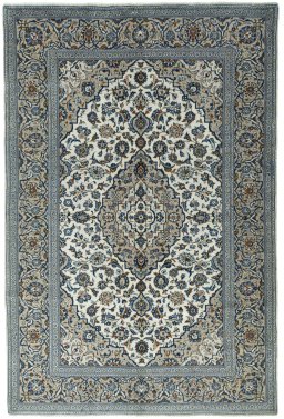 Full view of 2000s Kashan rug from Iran / Persia, 298 × 200 cm in Beige tones