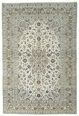 Full view of 2000s Kashan rug from Iran / Persia, 294 × 197 cm in Beige tones
